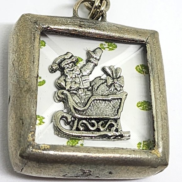 Rare Vintage Christmas Santa Ornament Two Sided Glass Pewter Swivel Clip Charm - Picture 5 of 10